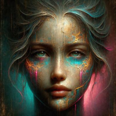 The primary subject of the image is a woman with a unique and artistic appearance. She has a blue and pink color scheme, with her eyes being a striking blue. The setting is a painting or drawing, which adds to the artistic nature of the scene. The visual style is a combination of digital art and illustration, creating a captivating and intriguing image. The overall atmosphere is one of creativity and individuality, as the woman's distinctive features stand out against the backdrop.